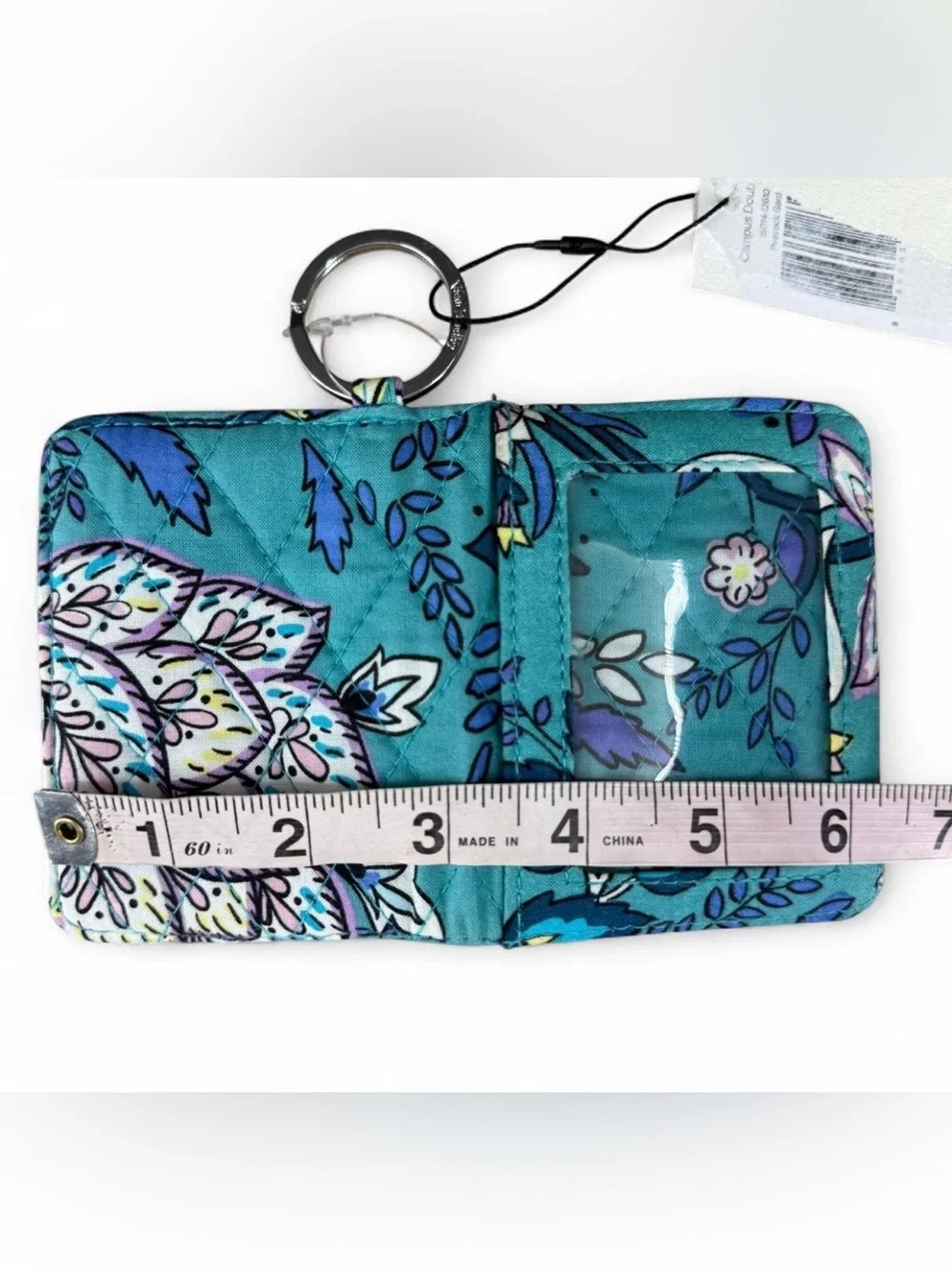 Vera Bradley Campus Double ID Wallet Keychain Peacock Garden Teal Quilted NEW - Picture 6 of 8